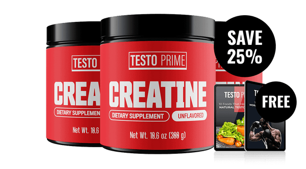 Creatine unflavoured dietary supplement in a red container, featuring a 25% discount label and additional product informat...