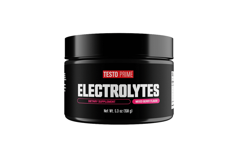 Black container of Testo Prime electrolytes with mixed berry flavor, 5.3 oz, featuring bold white and pink text.
