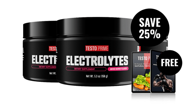 Three jars of Testo Prime electrolytes in mixed berry flavor, with a promotional tag showing "Save 25%" and a free offer.
